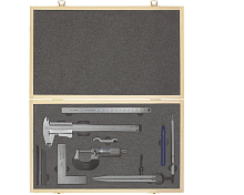 Набор штангенциркуля, микрометра, угольника, линейки, чертилки и циркуля